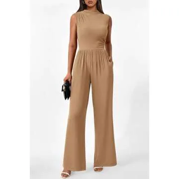 PRETTYGARDEN Womens Summer Jumpsuits Dressy Casual One Piece Outfits Sleeveless Mock Neck Wide Leg Pants Rompers with Pockets (Style2-Camel,Medium)