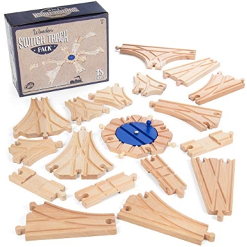 Switch Track Wooden Train Set (18 pcs.) - 8 Way Turntable Rail Station Accessory, Curved Switch Trac...