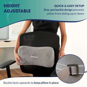 Relax Support RS11-X Lumbar Support Pillow - Medium Firm Memory Foam Office Chair Back Support - Promotes Spinal Alignment & Better Posture - Non-Slip Strap, Washable Cover - Fits Wheelchair, Recliner