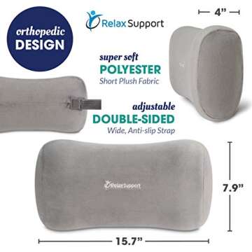 Relax Support RS11-X Lumbar Support Pillow - Medium Firm Memory Foam Office Chair Back Support - Promotes Spinal Alignment & Better Posture - Non-Slip Strap, Washable Cover - Fits Wheelchair, Recliner