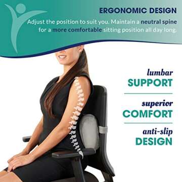 Relax Support RS11-X Lumbar Support Pillow - Medium Firm Memory Foam Office Chair Back Support - Promotes Spinal Alignment & Better Posture - Non-Slip Strap, Washable Cover - Fits Wheelchair, Recliner