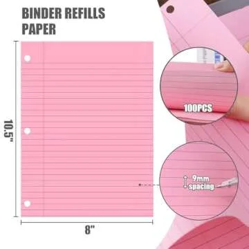 HIBOX 100 Sheets Lined Loose Leaf Paper, Pink 3 Holes Ruled Binder Refill Paper Filler Paper for Wom...