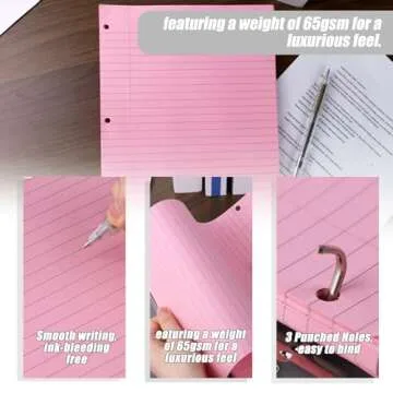 HIBOX 100 Sheets Lined Loose Leaf Paper, Pink 3 Holes Ruled Binder Refill Paper Filler Paper for Women Girls Writing Work Meeting Note Taking