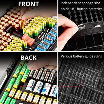 Aptbyte Battery Organizer Storage Holder Box Case with Tester- 269 Batteries Double-Sided Variety Pack, Holds AA AAA 4A C D Cell 9V 3V Lithium LR44 CR2 CR123 CR1632 18650 Button- Grey