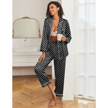 Ekouaer Womens Satin Pajama Set Classic Pattern Silky Pj Sets Button Down Sleepwear Loungewear