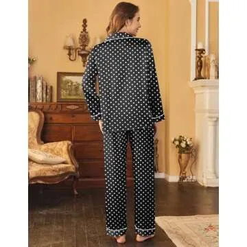 Ekouaer Womens Satin Pajama Set Classic Pattern Silky Pj Sets Button Down Sleepwear Loungewear