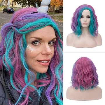 TopWigy Multicolor Curly Wig Synthetic Colorful Wig for Halloween Costume Cosplay Party 14 Inches Mermaid Wigs for Women and Girls