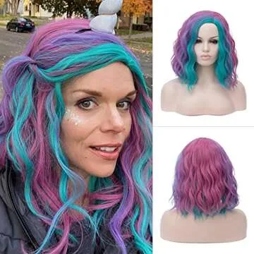 TopWigy Multicolor Curly Wig Synthetic Colorful Wig for Halloween Costume Cosplay Party 14 Inches Mermaid Wigs for Women and Girls