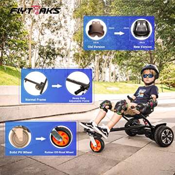 Flytraks K2 Hoverboard Go Kart with Rear Shock Absorption, Hoverboard Seat Attachment Accessory for 6.5" 8" 10" Hover Board, Adjustable Frame Length & Off-Road Rubber Wheel