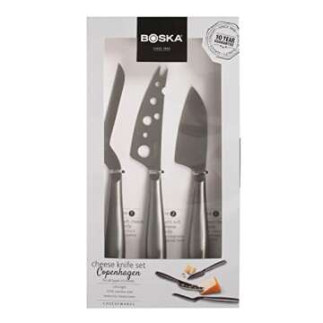 Boska Stainless Steel Cheese 3 Knife Set - Copenhagen For All Types of Cheese - Multi-Functional Cheese Slicer - Handheld Slicer - Silver Non-Stick - Dishwasher Safe - For Kitchen Cooking