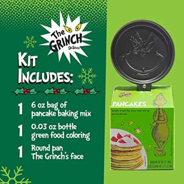Ten Acre Gifts Dr Seuss The Grinch Pancake Mix and Pan Gift Set, Easy Instant Baking Mix with Round Frying Pan and Green Food Coloring, 6 oz