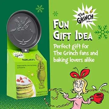 Ten Acre Gifts Dr Seuss The Grinch Pancake Mix and Pan Gift Set, Easy Instant Baking Mix with Round Frying Pan and Green Food Coloring, 6 oz