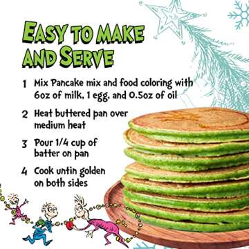 Ten Acre Gifts Dr Seuss The Grinch Pancake Mix and Pan Gift Set, Easy Instant Baking Mix with Round Frying Pan and Green Food Coloring, 6 oz