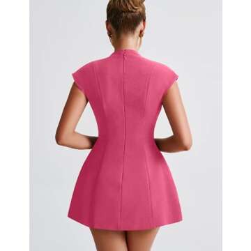 YMDUCH Women's Sexy Deep V Neck Cap Sleeve A-line Mini Club Party Dress Rose