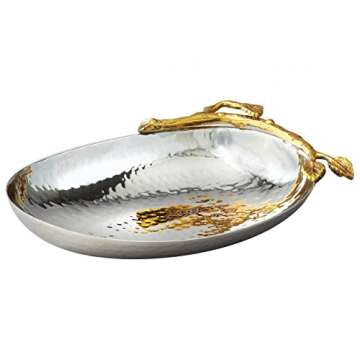 Elegance Golden Vine Hammered Stainless Steel Nut Bowl/Dish, Silver/Gold, 6.25" x 4.25"