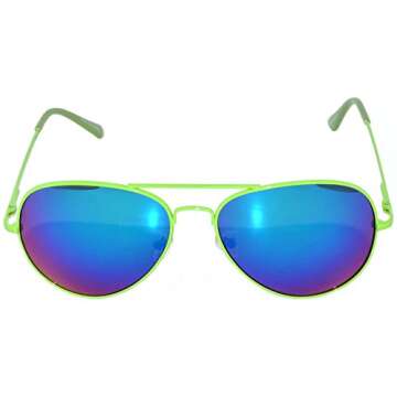 Classic Aviator Sunglasses Neon Green Metale Frame with Spring Hinge Blue Mirror Lens
