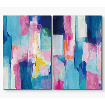 SIGNLEADER Canvas Print Wall Art Set Pastel Blue and Pink Color Blocks Geometric Shapes Illustration...
