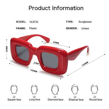 VANLINKER Cute Square Inflated Sunglasses for Women Men Trendy Chunky Glasses Retro Thick Frame Funny Mask Shades VL9733 Red