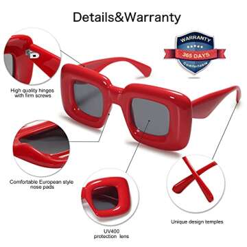 VANLINKER Cute Square Inflated Sunglasses for Women Men Trendy Chunky Glasses Retro Thick Frame Funny Mask Shades VL9733 Red