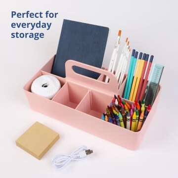 BLUE GINKGO Stackable Organizer Caddy – Korean-Made Portable Tote for Bathroom, Office, Crafts, or School Supplies (Long Rectangle, Pink)
