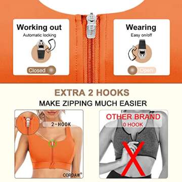 Cordaw Zipper in Front Sports Bra High Impact Strappy Back Support Workout Top-Vermillion Orange M