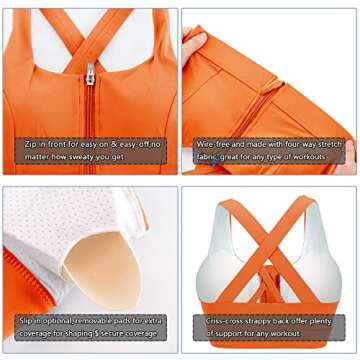 Cordaw Zipper in Front Sports Bra High Impact Strappy Back Support Workout Top-Vermillion Orange M
