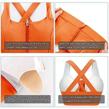 Cordaw Zipper in Front Sports Bra High Impact Strappy Back Support Workout Top-Vermillion Orange M
