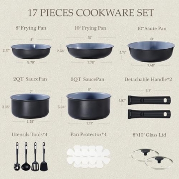 CAROTE 17PCS Ceramic Cookware Set - Stylish Non Toxic Non Stick Pots for Every Kitchen