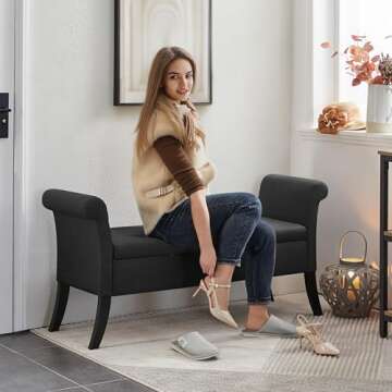 Yaheetech 52in Ottoman Bench Folding Storage Ottoman Bench Tufted Fabric Entryway Bench with Arms Footstool with Large Storage Foot Rest Seat Rolled Arms Cushioned Ottoman Black