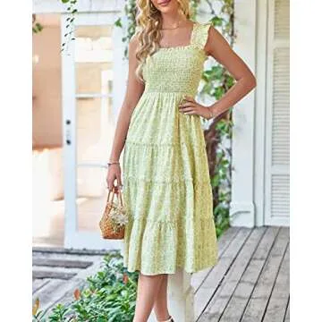 BTFBM Womens Summer Boho Smocked Beach Dresses Sleeveless Shoulder Strap Floral Flowy Tiered Party Midi Casual Sundress(Print Grass Green, Large)