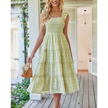 BTFBM Womens Summer Boho Smocked Beach Dresses Sleeveless Shoulder Strap Floral Flowy Tiered Party Midi Casual Sundress(Print Grass Green, Large)
