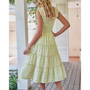 BTFBM Womens Summer Boho Smocked Beach Dresses Sleeveless Shoulder Strap Floral Flowy Tiered Party Midi Casual Sundress(Print Grass Green, Large)