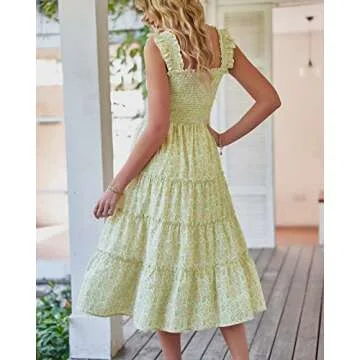 BTFBM Womens Summer Boho Smocked Beach Dresses Sleeveless Shoulder Strap Floral Flowy Tiered Party Midi Casual Sundress(Print Grass Green, Large)