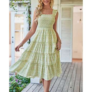 BTFBM Womens Summer Boho Smocked Beach Dresses Sleeveless Shoulder Strap Floral Flowy Tiered Party Midi Casual Sundress(Print Grass Green, Large)