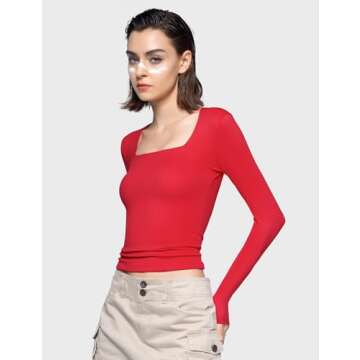 PUMIEY Long Sleeve Shirts for Women Dupes T Shirts Womens Fashion Going Out Tops Fall Outfits Red Basic Tee, Ruby, Medium
