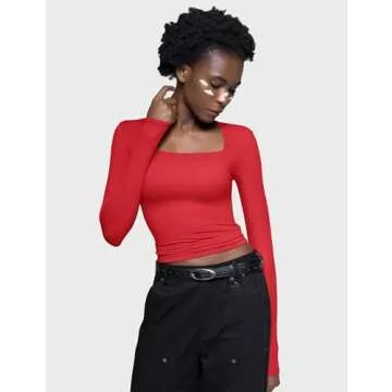 PUMIEY Long Sleeve Shirts for Women Dupes T Shirts Womens Fashion Going Out Tops Fall Outfits Red Basic Tee, Ruby, Medium