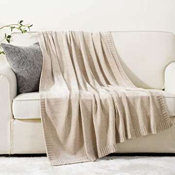 BATTILO HOME Chenille Knit Throw Blanket for Couch, Cozy Beige Tan Throw Blanket for Home Decor, Neu...