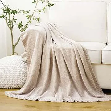 BATTILO HOME Chenille Knit Throw Blanket for Couch, Cozy Beige Tan Throw Blanket for Home Decor, Neutral Throw Blanket for Sofa Chair 51"x67"