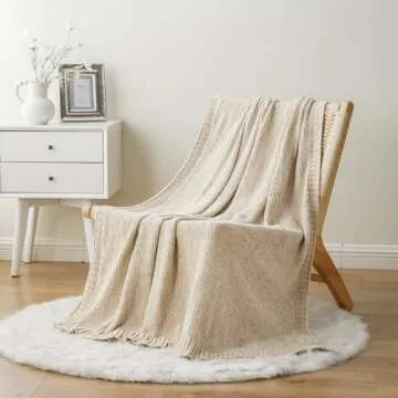 BATTILO HOME Chenille Knit Throw Blanket for Couch, Cozy Beige Tan Throw Blanket for Home Decor, Neutral Throw Blanket for Sofa Chair 51"x67"