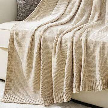 BATTILO HOME Chenille Knit Throw Blanket for Couch, Cozy Beige Tan Throw Blanket for Home Decor, Neutral Throw Blanket for Sofa Chair 51"x67"
