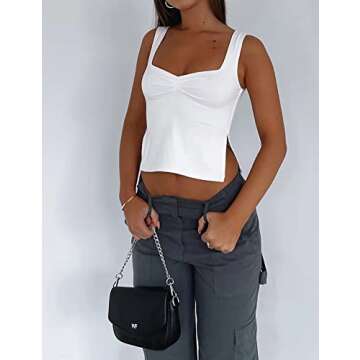 BAIGRAM Women’s Sleeveless Slim Crop Tank Top Sexy Pleated Bustier Sweetheart Neck Strappy Slits Cropped Vest Cami White