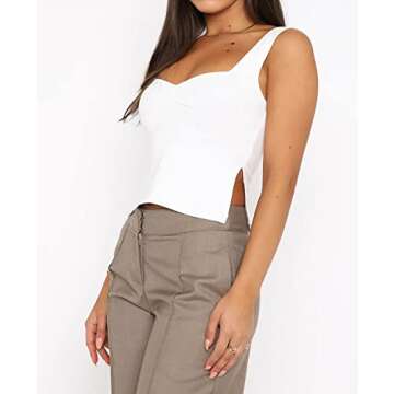 BAIGRAM Women’s Sleeveless Slim Crop Tank Top Sexy Pleated Bustier Sweetheart Neck Strappy Slits Cropped Vest Cami White