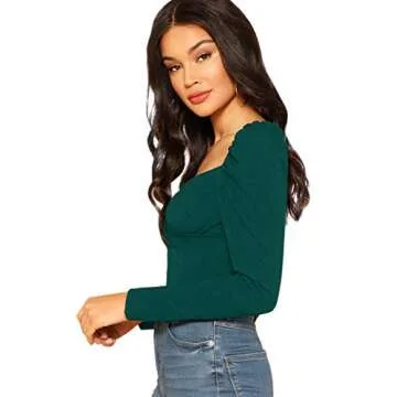 Floerns Women's Elegant Long Puff Sleeve Wrap Neck Blouse Tops Green M