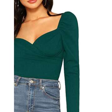 Floerns Women's Elegant Long Puff Sleeve Wrap Neck Blouse Tops Green M