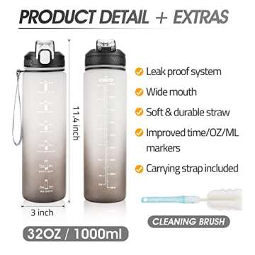 YC Kitchen Motivational Water Bottle with Time Marker- 32oz Water Bottles with Times to Drink, Leakproof & BPA Free Sports Water Bottle with Straw & Carry Strap for Fitness, Gym, and Outdoor Sports