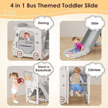 BIERUM 4 in 1 Toddler Slide, Kid Slide for Toddlers Age 1-3, Bus Themed Baby Slide with Basketball H...