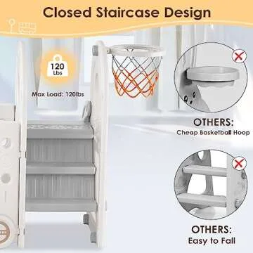 BIERUM 4 in 1 Toddler Slide, Kid Slide for Toddlers Age 1-3, Bus Themed Baby Slide with Basketball Hoop, Indoor Outdoor Slide Toddler Playset Toddler Playground Beige Gray