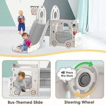 BIERUM 4 in 1 Toddler Slide, Kid Slide for Toddlers Age 1-3, Bus Themed Baby Slide with Basketball Hoop, Indoor Outdoor Slide Toddler Playset Toddler Playground Beige Gray
