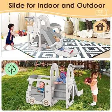 BIERUM 4 in 1 Toddler Slide, Kid Slide for Toddlers Age 1-3, Bus Themed Baby Slide with Basketball Hoop, Indoor Outdoor Slide Toddler Playset Toddler Playground Beige Gray