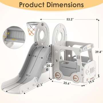 BIERUM 4 in 1 Toddler Slide, Kid Slide for Toddlers Age 1-3, Bus Themed Baby Slide with Basketball Hoop, Indoor Outdoor Slide Toddler Playset Toddler Playground Beige Gray